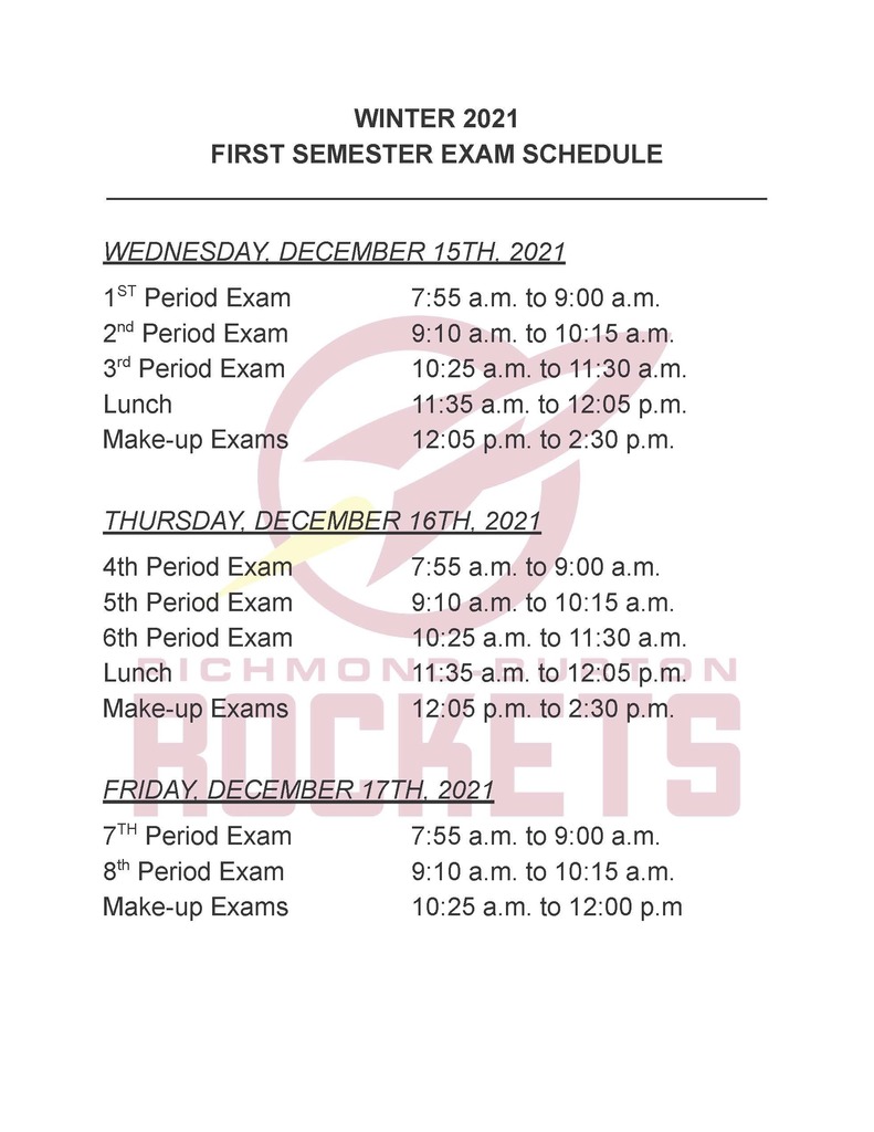 Semester 1 Final Exam Schedule